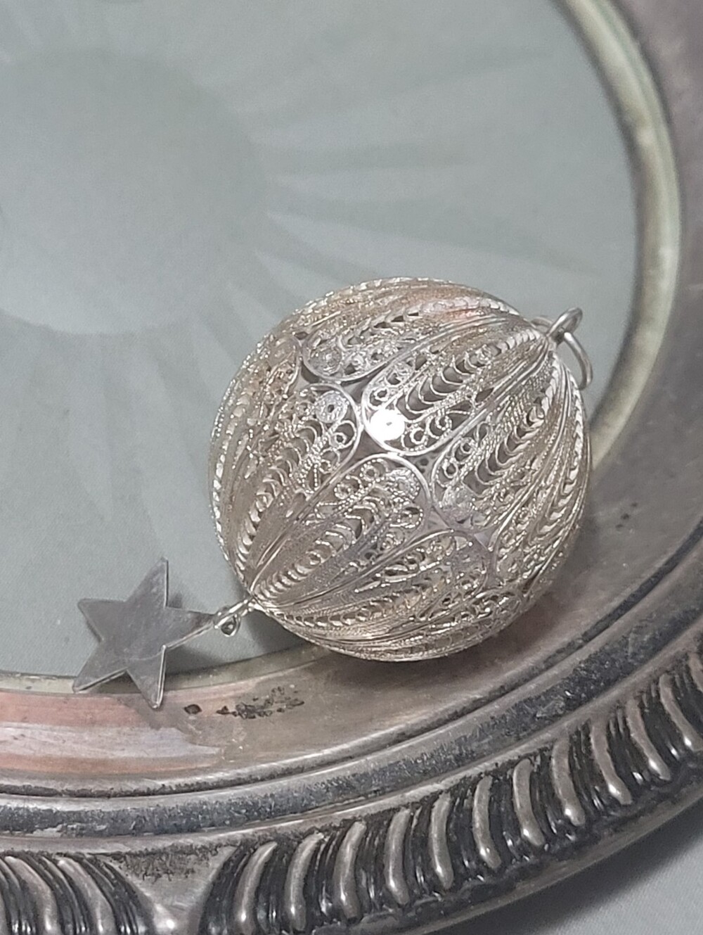 Intricate 97 Percent Silver Filigree Ball Pendant with Star Charm